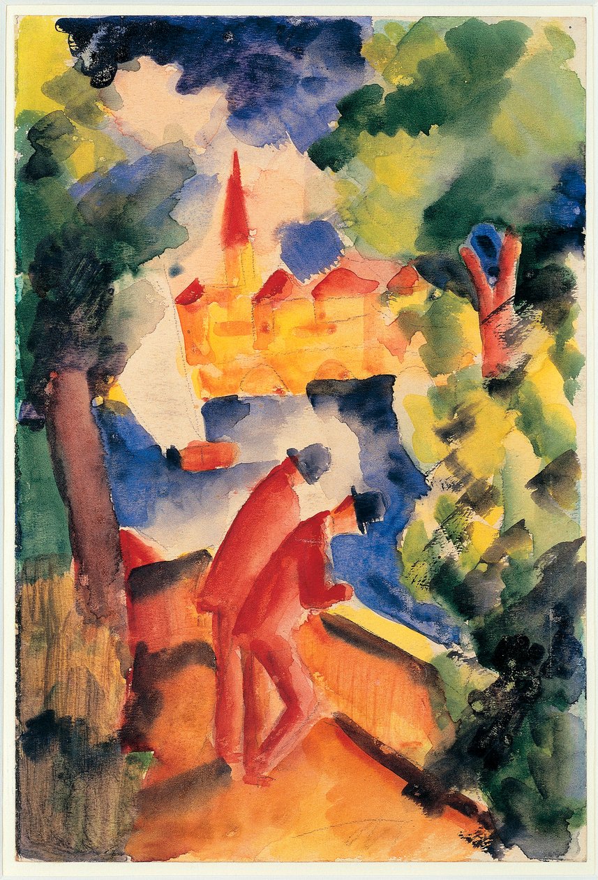 Kaksi miestä käsivarrella kaiteessa, näkymä järvelle 1914 (akvarelli) tekijältä August Macke