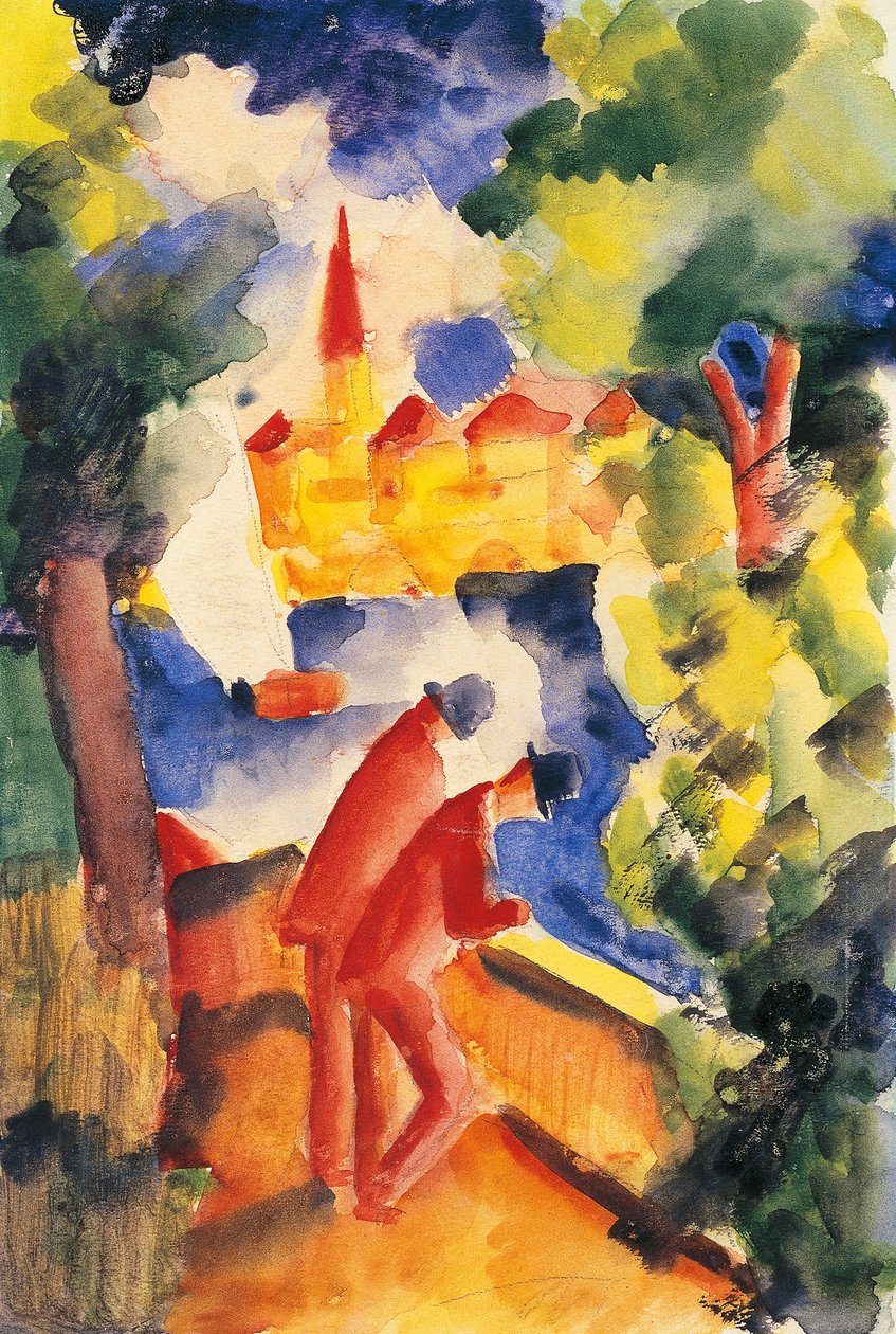 Kaksi miestä käsivarrella kaiteessa, näkymä järvelle 1914 (akvarelli) tekijältä August Macke