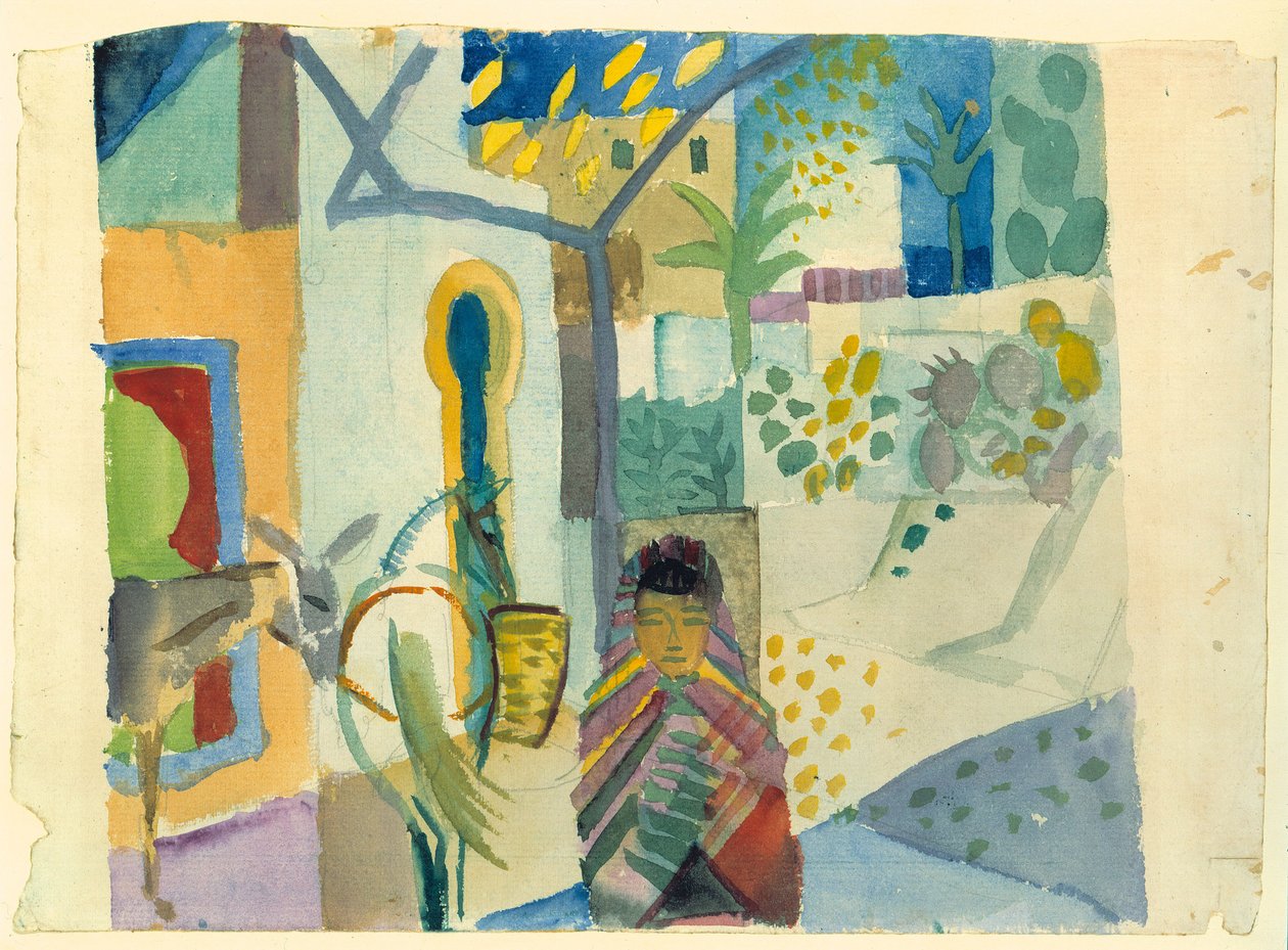 Nuori tyttö hevosen ja aasin kanssa, 1914. tekijältä August Macke