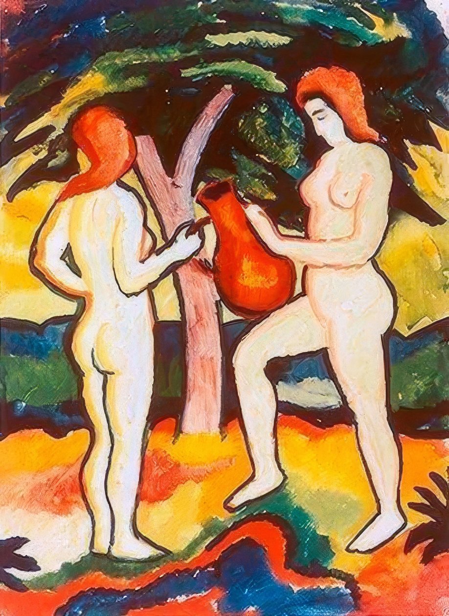 Kaksi alastonkuvia kannun kanssa tekijältä August Macke