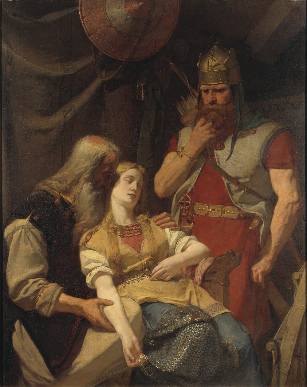 Orvar Oddr annnonce a Ingeborg la mort de Hjalmar - Oervar-Oddr ilmoittaa Ingeborgille Hjalmarin kuolemasta, kirjoittanut Malmstrom, elokuu (1829-1901). Öljy kankaalle tekijältä August Malmström