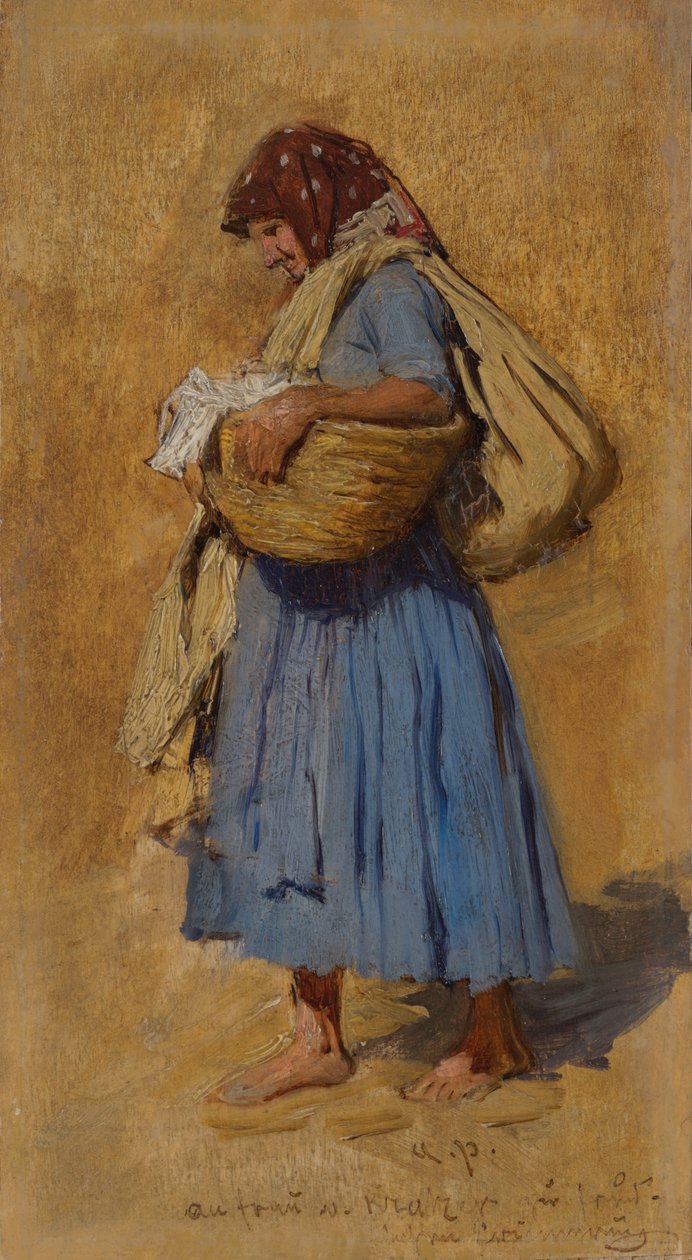 Maanviljelijän vaimo nenäänsä puhaltamassa, noin 1871-1874 tekijältä August Ritter von Pettenkofen