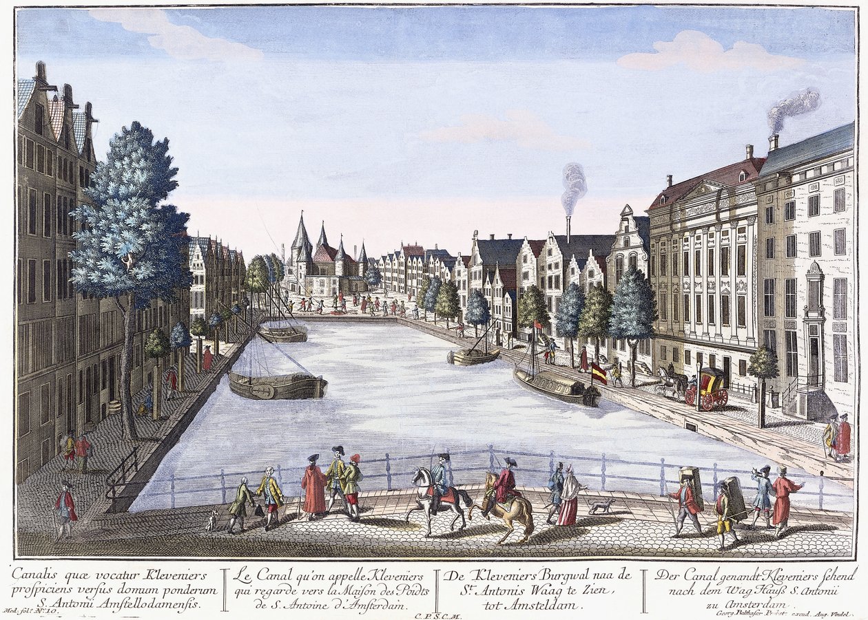 Vue of Kleveniersin kanava, Amsterdam, n. 1740-1770 (käsinvärinen kaiverrus) tekijältä August Vindel