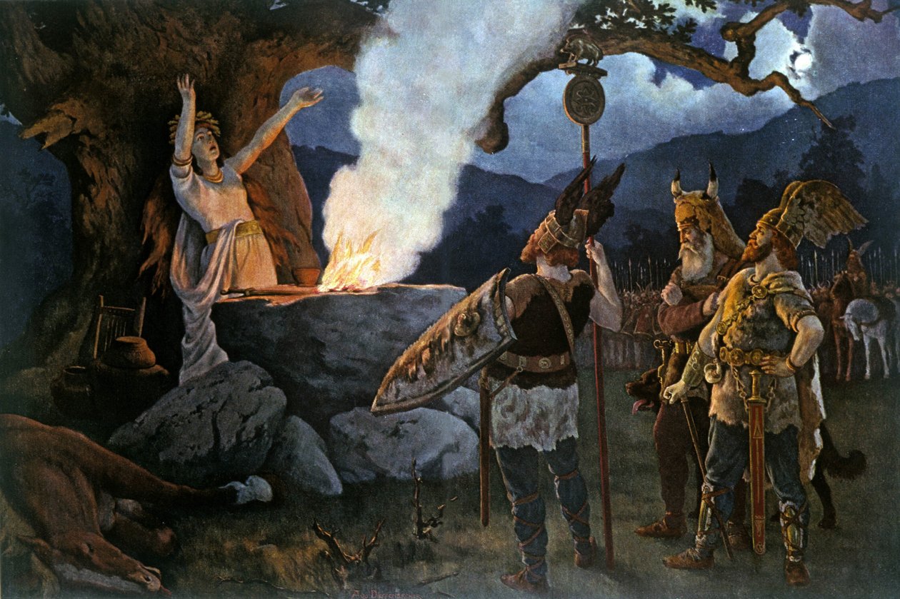 Kelttiläiset soturit neuvottelevat papittarelta. Augustus Dieffenbacherin maalaus. tekijältä August Wilhelm Dieffenbacher