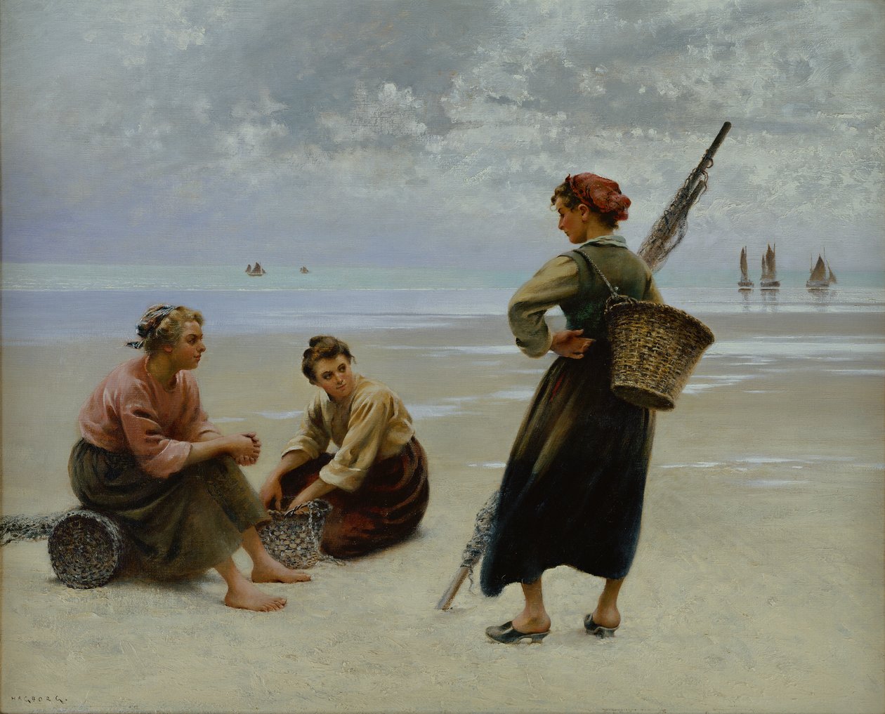 Sinisimpukoiden keräilijät, Bretagne (öljy kankaalle) tekijältä August Wilhelm Nikolaus Hagborg