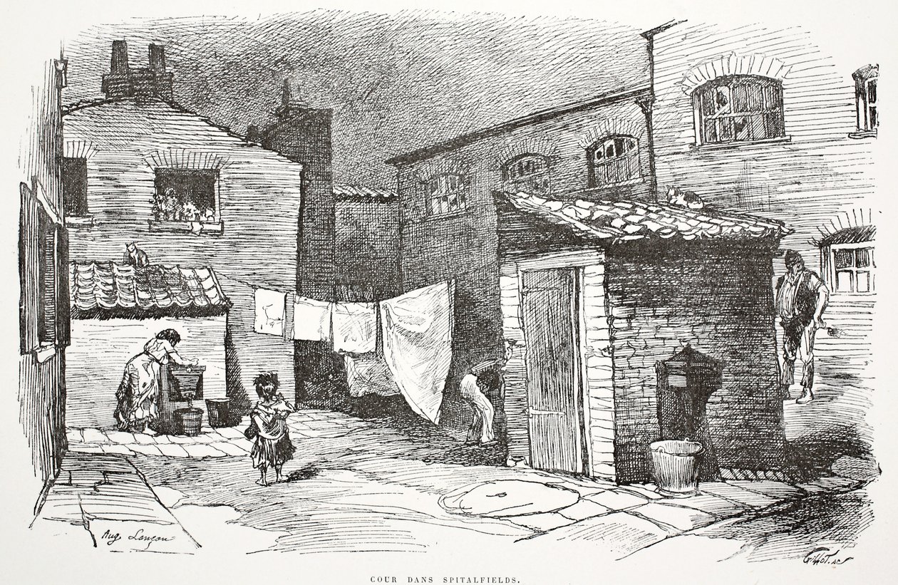 Spitalfieldsin sisäpiha, kuvitus "La Rue a Londres" -pubista. G. Charpentier et Cie, 1884 tekijältä Auguste Andre Lancon