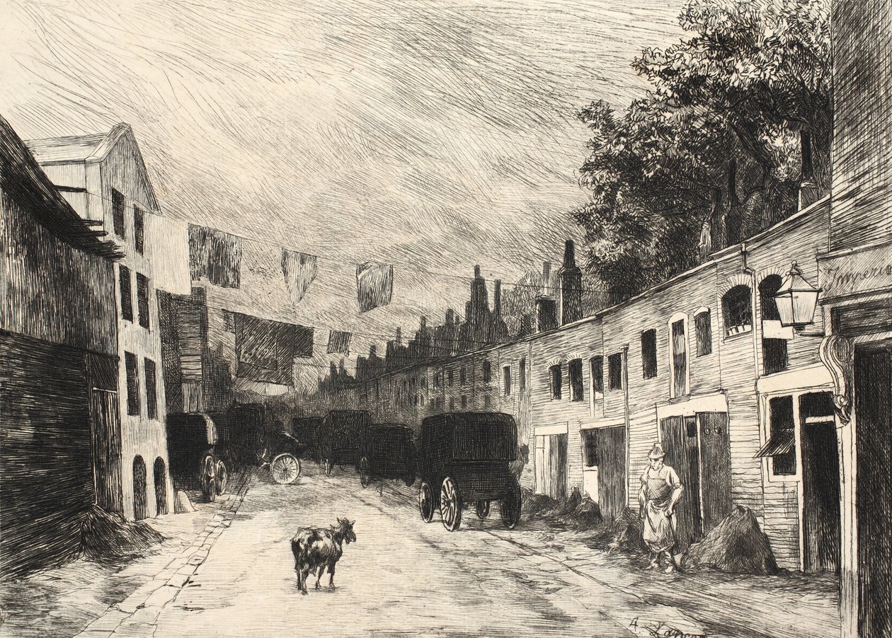 Kuvitus "La Rue a Londres", pub. G. Charpentier et Cie, 1884 tekijältä Auguste Andre Lancon
