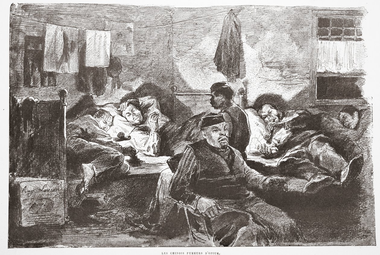 The Chinese Opium Smokers, kuvitus "La Rue a Londres", pub. G. Charpentier et Cie, 1884 tekijältä Auguste Andre Lancon