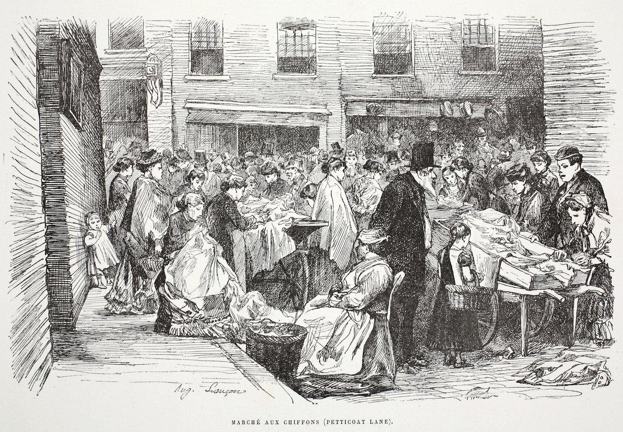 Marche aux Chiffons (Petticoat Lane), kuvitus "La Rue a Londres", pub. G. Charpentier et Cie, 1884 tekijältä Auguste Andre Lancon