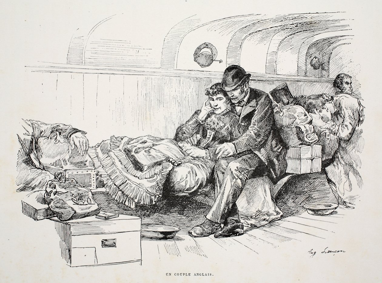 Englantilainen pariskunta, kuvitus "La Rue a Londres" -pubista. G. Charpentier et Cie, 1884 tekijältä Auguste Andre Lancon