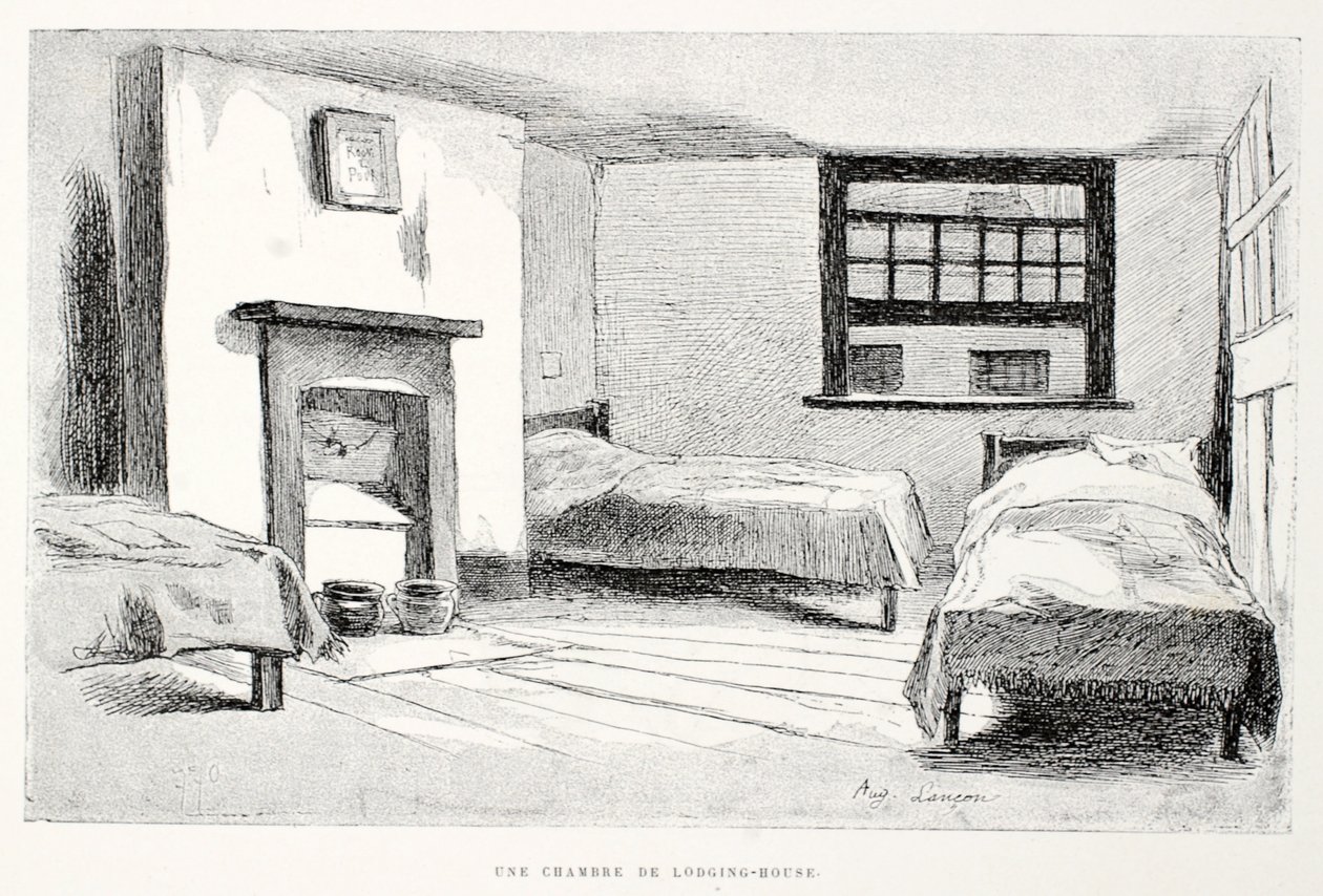 Une Chambre de lodging-house, kuvitus "La Rue a Londres", pubista. G. Charpentier et Cie, 1884 tekijältä Auguste Andre Lancon