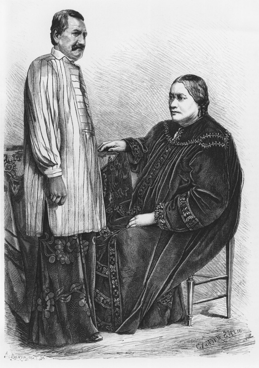 Tahitin kuningatar Pomare IV (1827-77) ja hänen miehensä, kuvitus "Le Tour du mondesta", kaiverrettu Gautier, Saint-Elme (s.1849) 1876 tekijältä Auguste Bertrand