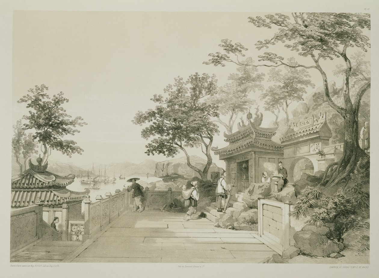 Macaon suuren temppelin kappeli, kuva 10 teoksesta "Sketches of China", kaivertaja Eugene Ciceri (1813-90) 1842 (sävytetty litografia). tekijältä Auguste Borget