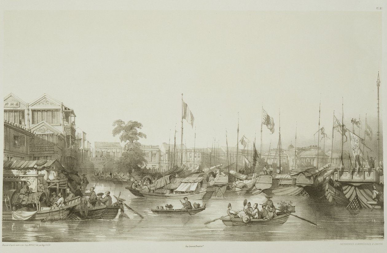 Eurooppalaiset tehtaat Kantonissa, kuva 23 teoksesta "Sketches of China", kaivertaja Eugene Ciceri (1813-90) 1842 (sävytetty litografia). tekijältä Auguste Borget