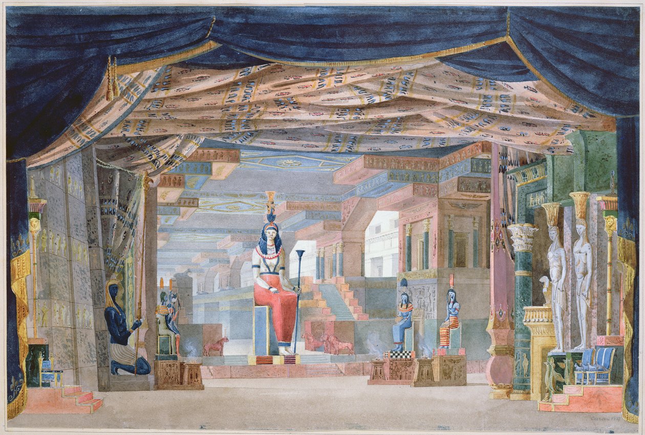 Egyptiläinen lavasuunnittelu Rossinin Moise et Pharaonin III näytökseen, joka tuotettiin ensimmäisen kerran Pariisissa 26. maaliskuuta 1827 tekijältä Auguste Caron
