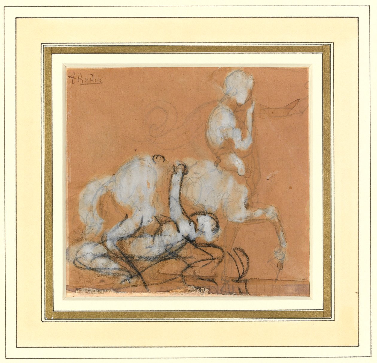 Akilles ja Cheiron (grafiitti, liitu ja ruskea pesu valkoisella korotuksella paperille) tekijältä Auguste Rodin