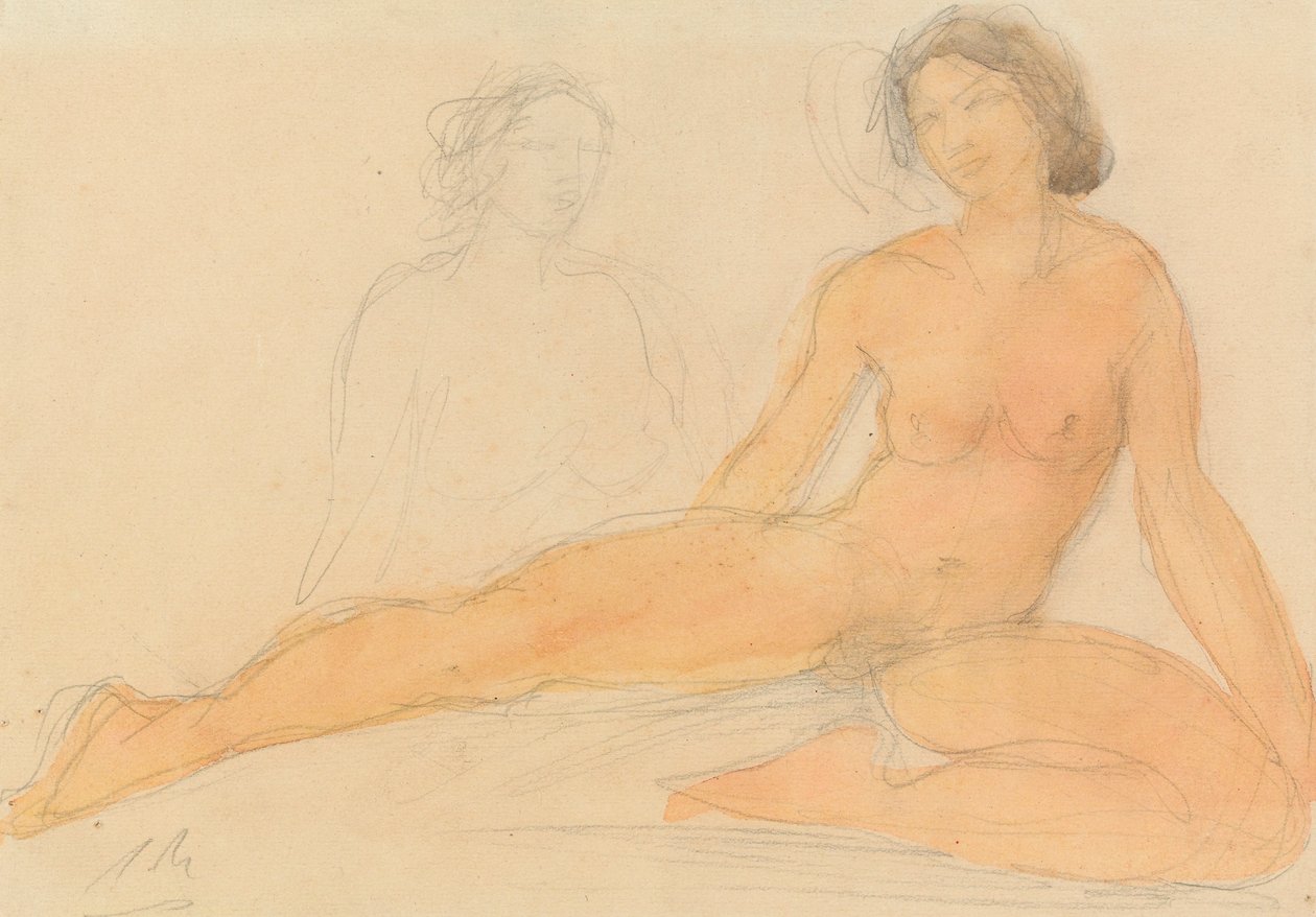 Kaksi istuvaa alastonkuvaa (grafiitti ja wc paperilla) tekijältä Auguste Rodin