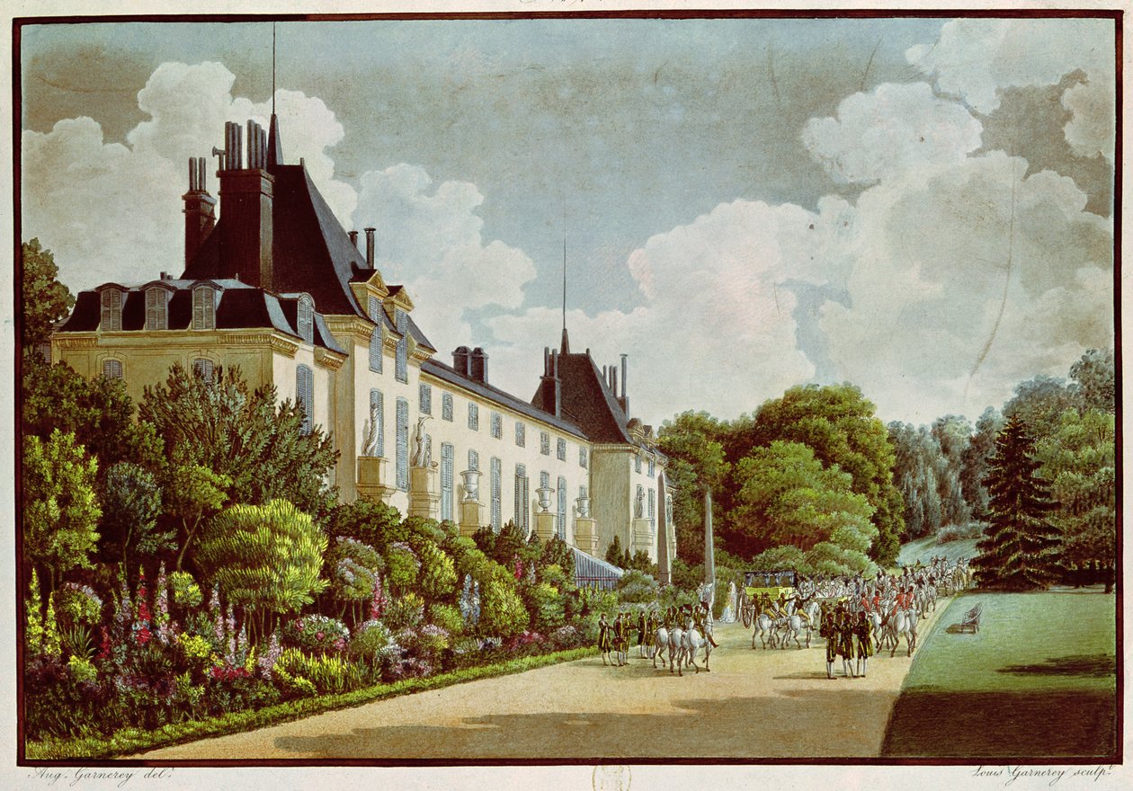 Näkymä Chateau de la Malmaisonille puiston vieressä, "Näkymät Malmaisonille", kaiverrus Louis Garneray (1783-1857) (akvatinta) tekijältä Auguste Simon Garneray