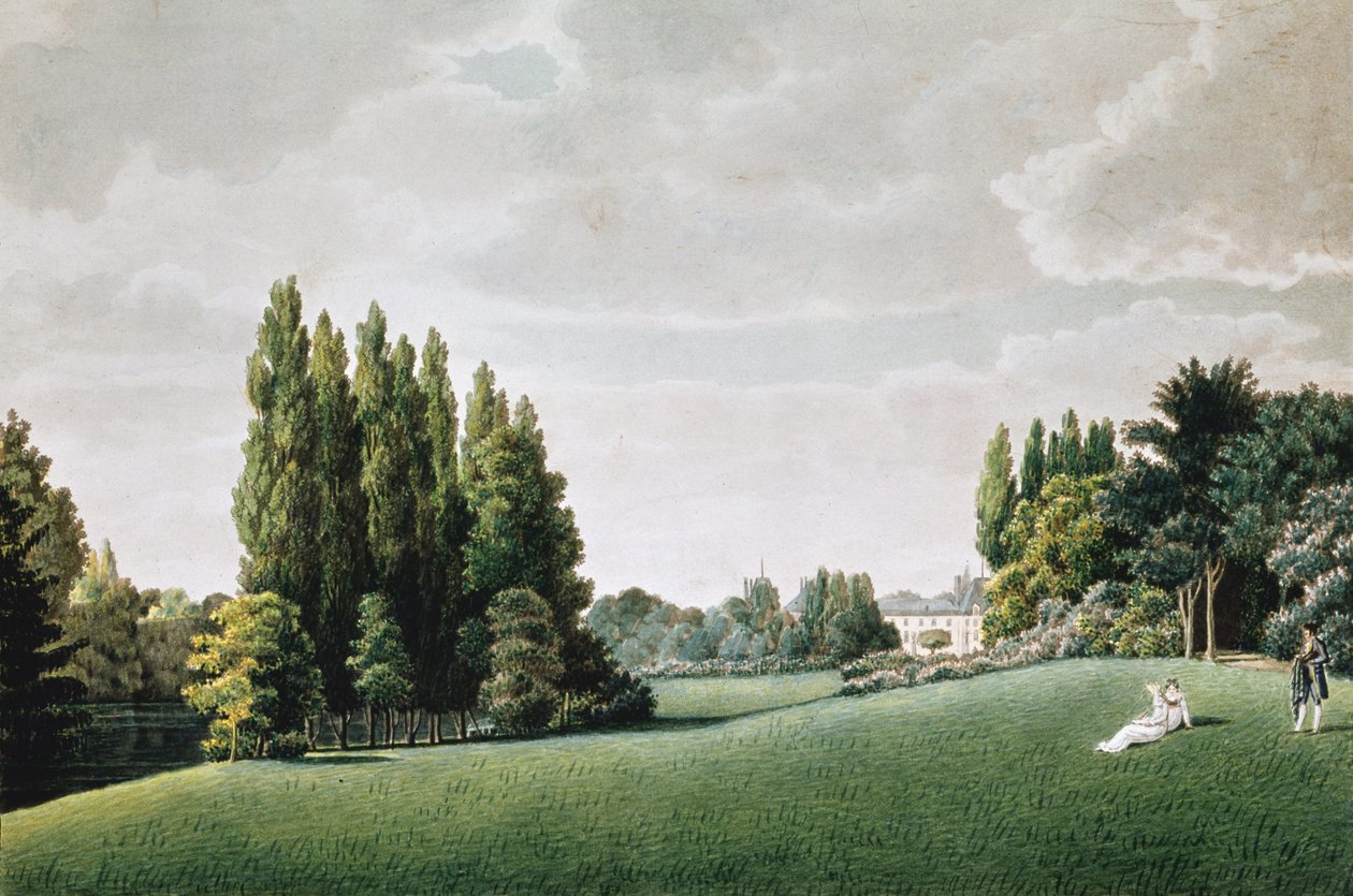 Näkymä linnalle kivisillan lähellä, "Näkymät Malmaisonille", kaivertanut Louis Garneray (1783-1857) (akvatinta) tekijältä Auguste Simon Garneray