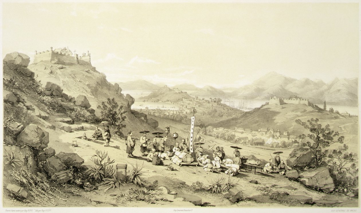 Yleisnäkymä Macaosta, levy 11 julkaisusta "Sketches of China", kaiverrus Eugene Ciceri (1813-90) 1842 (sävytetty litho) tekijältä Auguste (after) Borget