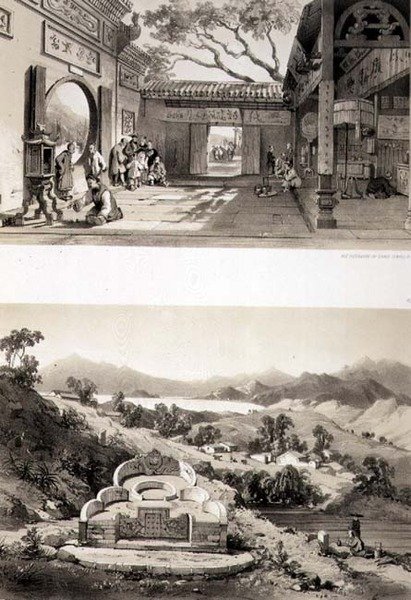 Sisäkuva Macaon suuresta temppelistä ja haudasta ja kylästä Hongkongin ja Cowloonin lahden välissä, levyt 8 ja 7 julkaisusta "Sketches of China", kaiverrettu Eugene Ciceri (1813-90) 1842 (sävytetty litho) tekijältä Auguste (after) Borget