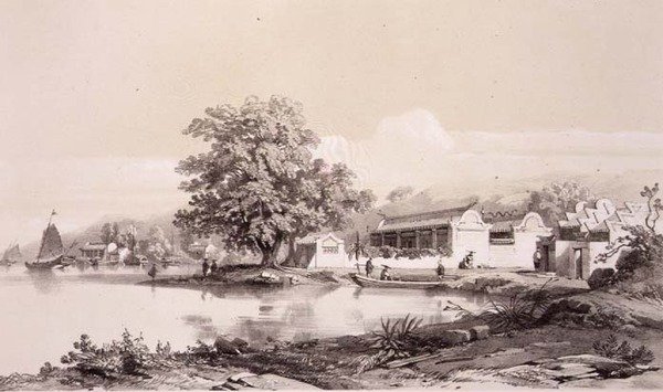 Mandariinien talo Macaon ja Kantonin kanavalla, levy 20 julkaisusta "Sketches of China", kaiverrus Eugene Ciceri (1813-90) 1842 (sävytetty litho) tekijältä Auguste (after) Borget
