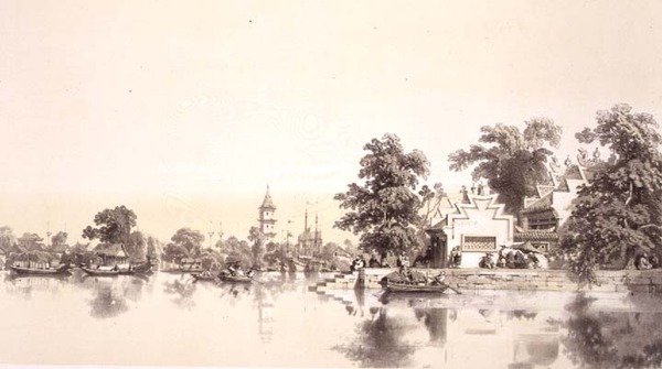 Temppeli, pagodi ja kylä Macaon ja kantonin kanavalla, levy 22 julkaisusta "Sketches of China", kaiverrus Eugene Ciceri (1813-90) 1842 (sävytetty litho) tekijältä Auguste (after) Borget