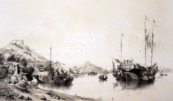 Macaon rannikko nousuveden aikaan, levy 12 julkaisusta "Sketches of China", kaiverrus Eugene Ciceri (1813-90) 1842 (sävytetty litho) tekijältä Auguste (after) Borget