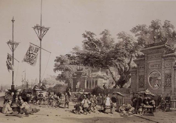 Macaon suuren temppelin julkisivu, levy 9 julkaisusta "Sketches of China", kaiverrus Eugene Ciceri (1813-90) 1842 (sävytetty litho) tekijältä Auguste (after) Borget