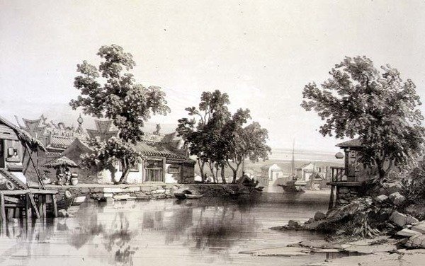 Honanin temppeli ja kanava, levy 29 julkaisusta "Sketches of China", kaiverrus Eugene Ciceri (1813-90) 1842 (sävytetty litho) tekijältä Auguste (after) Borget
