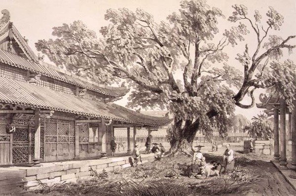 Buddhan temppeli Kantonin Honanin esikaupungeissa, levy 24 julkaisusta "Sketches of China", kaiverrus Eugene Ciceri (1813-90) 1842 (sävytetty litho) tekijältä Auguste (after) Borget