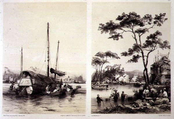 Kaupparoska Kantonin takana ja kylä lähellä Kantonia, levyt 32 ja 31 julkaisusta "Sketches of China", kaiverrus Eugene Ciceri (1813-90) 1842 (sävytetty litho) tekijältä Auguste (after) Borget