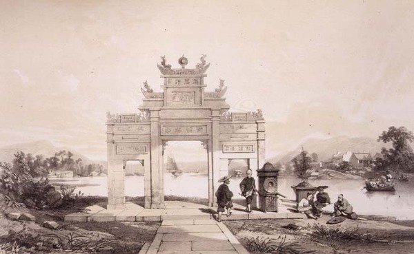 Riemukaari Macaon ja Kantonin kanavalla, levy 19 julkaisusta "Sketches of China", kaiverrus Eugene Ciceri (1813-90) 1842 (sävytetty litho) tekijältä Auguste (after) Borget