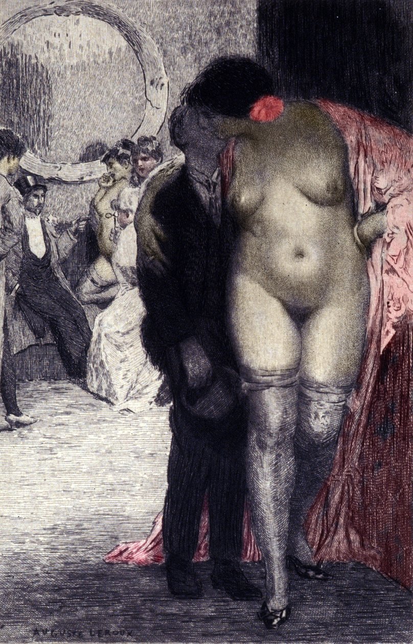 Ranskalaisen bordellin sisätilat (bordelli). Asiakas prostituoidun kanssa. Auguste Leroux