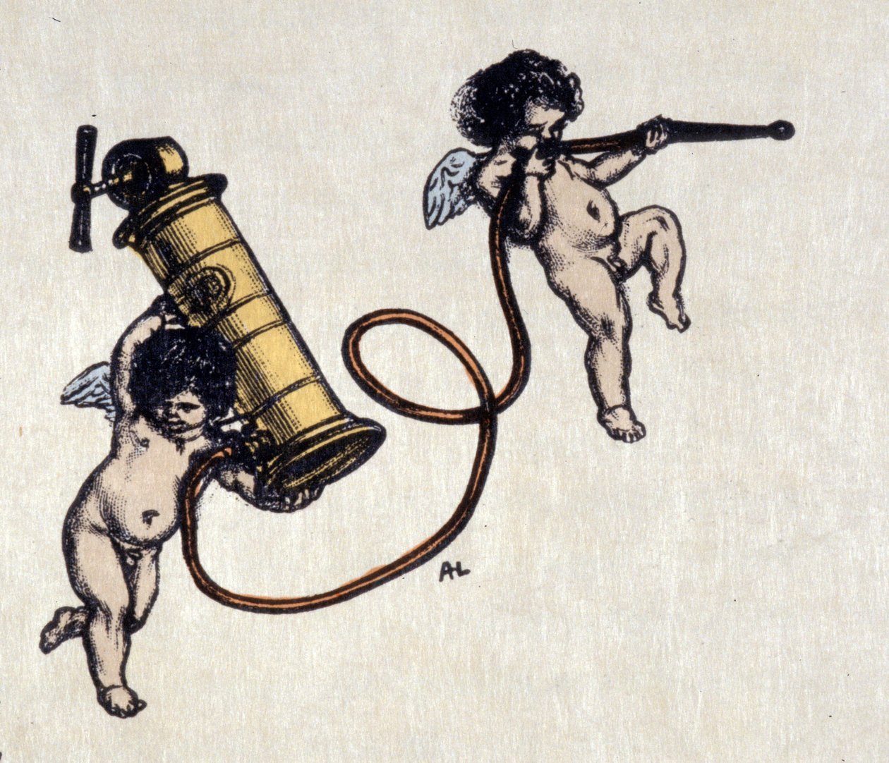 Clystereen ilot. Kaksi enkeliä, joilla on peräruiskepumppu. Auguste Leroux