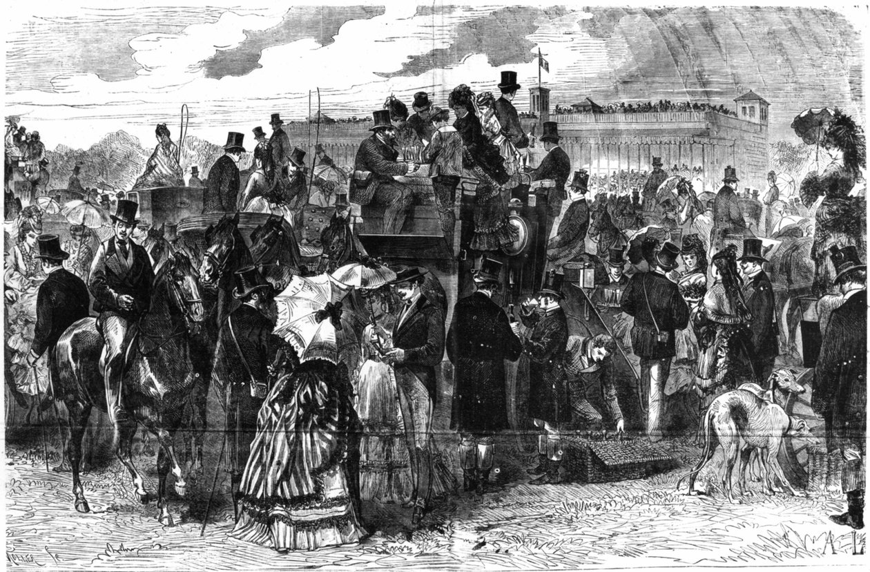 Longchampsin kilpailut: Le Grand Prix de Paris, -in "" Le Figaro"", kuvitettu liite sunnuntailta 6. kesäkuuta 1875, piirustus Lançon. tekijältä Auguste Andre Lancon
