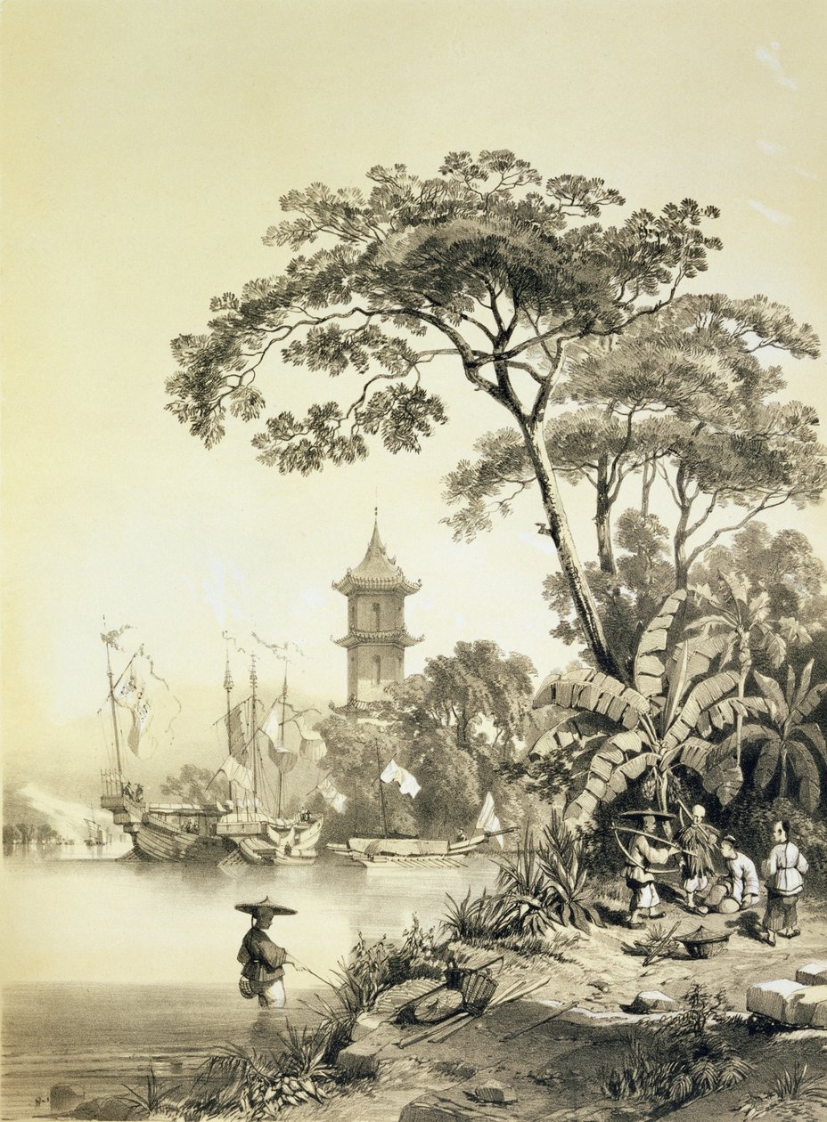 Pagoda Macaon ja Kantonin kanavalla, levy 21 julkaisusta "Sketches of China", kaiverrus Eugene Ciceri (1813-90) 1842 (sävytetty litho) tekijältä Auguste Borget