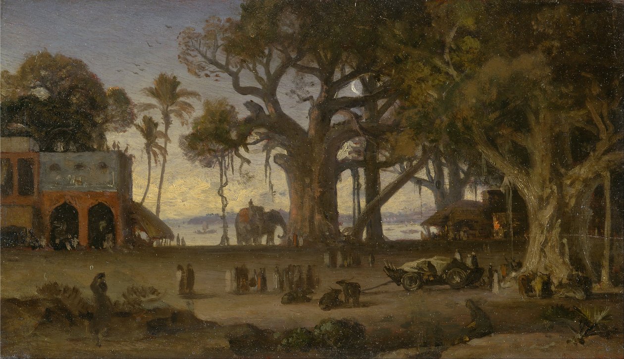 Kuunvalkoinen kohtaus intialaisista hahmoista ja norsuista Banyan Treesin alueella, Ylä -Intiassa (luultavasti Lucknow) tekijältä Auguste Borget