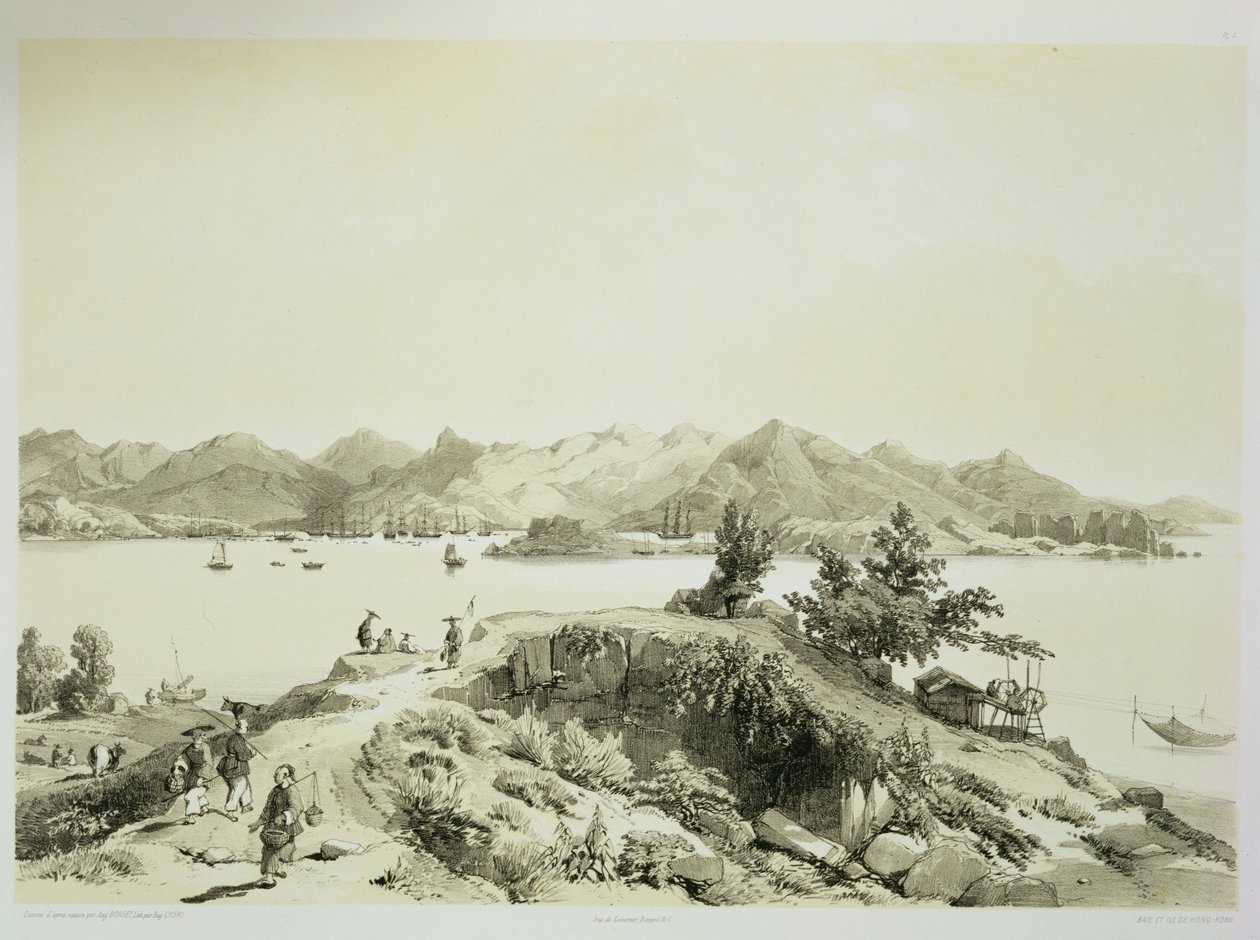 Hongkongin lahti ja saari, levy 4 teoksesta "Sketches of China", kaiverrettu Eugene Ciceri (1813-90) 1842 (sävytetty litografia). tekijältä Auguste Borget