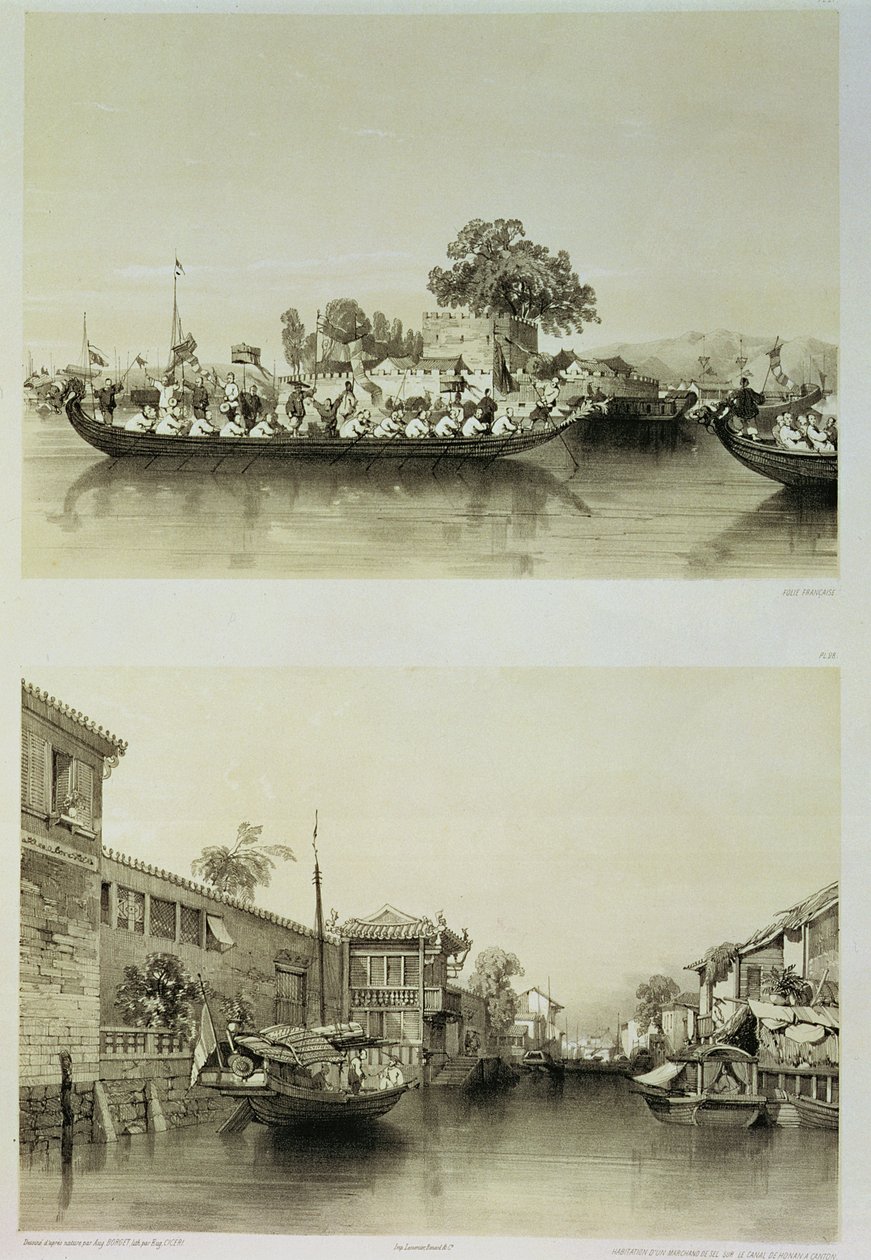 French Folly ja suolakauppiaan talo Honan-Canton-kanavalla, levyt 27 ja 28 julkaisusta "Sketches of China", kaiverrus Eugene Ciceri (1813-90) 1842 (sävytetty litho) tekijältä Auguste Borget