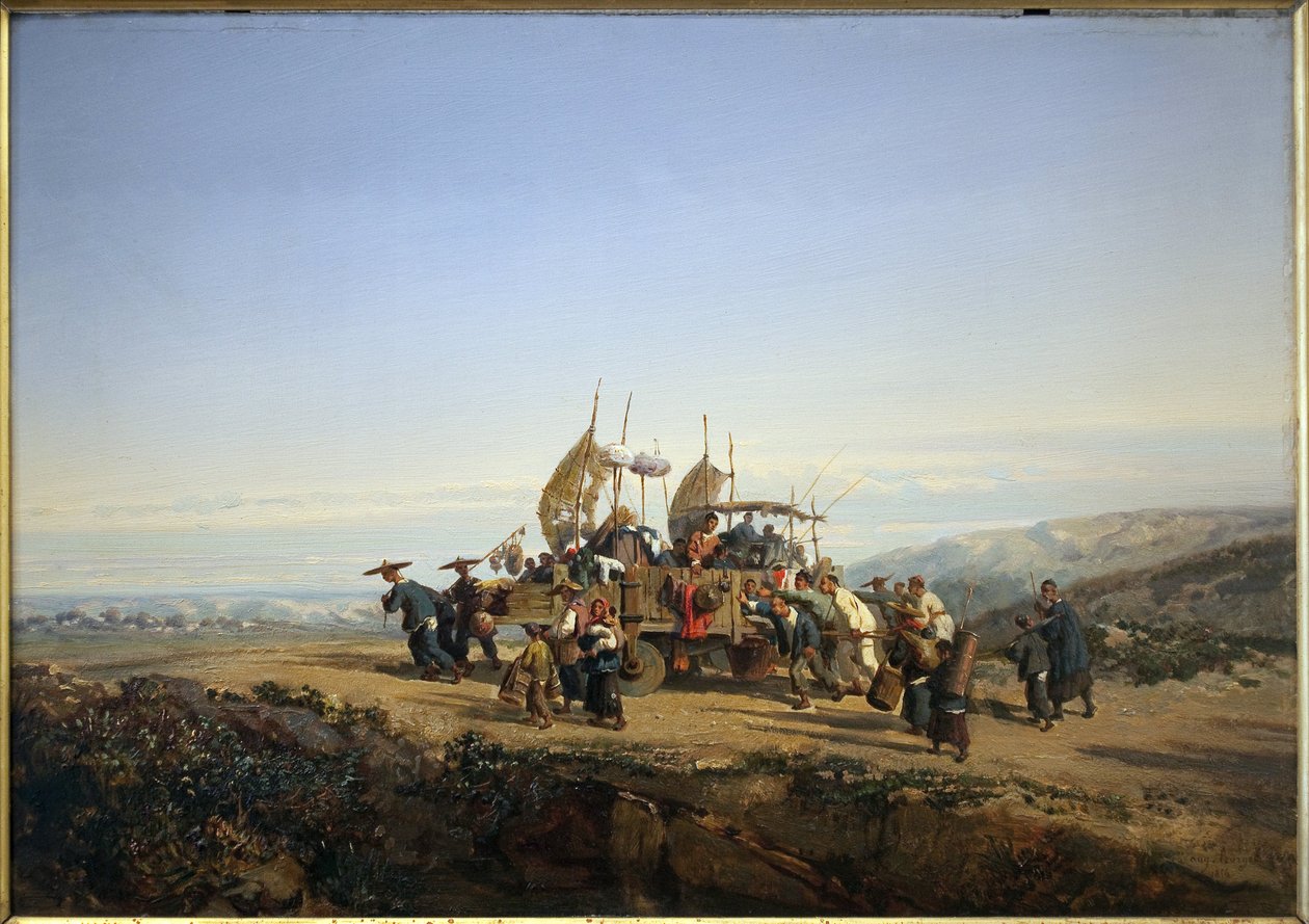 Matkailijat käyttävät vaunuja purjeineen ja ampuvat miesten. Auguste Borgetin maalaus tekijältä Auguste Borget