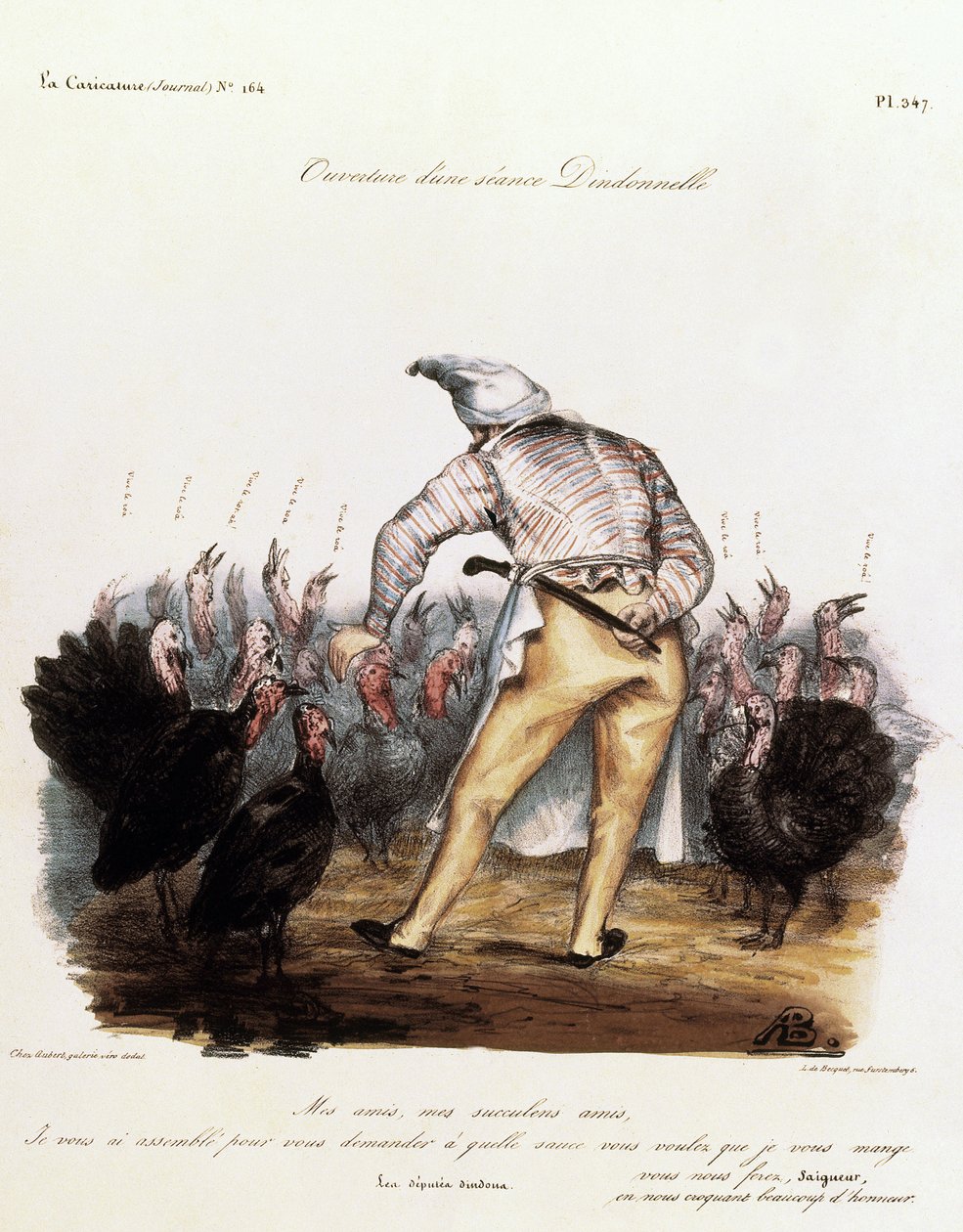 Louis Philippe yölaki päässään kalkkunan ympäröimänä tekijältä Auguste Bouquet