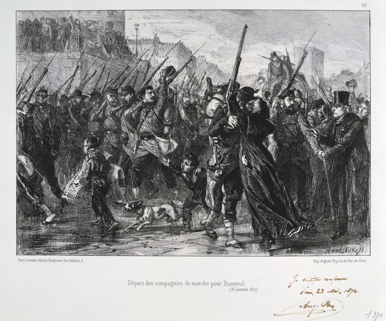 Ranskalaiset sotilaat lähtevät Buzenvaliin, Pariisin piiritys, Ranskan ja Preussin sota, 18. tammikuuta 1871 1872 tekijältä Auguste Bry