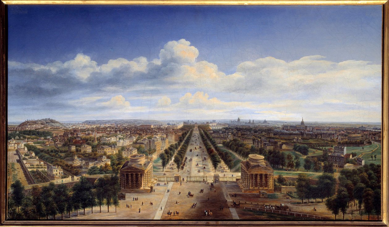 Näkymä Pariisista Riemukaarelta otettu Auguste Cadollen (1782-1849) maalaus 1843 su. 0,48x0,83 m Pariisi, Musee Carnavalet tekijältä Auguste Cadolle