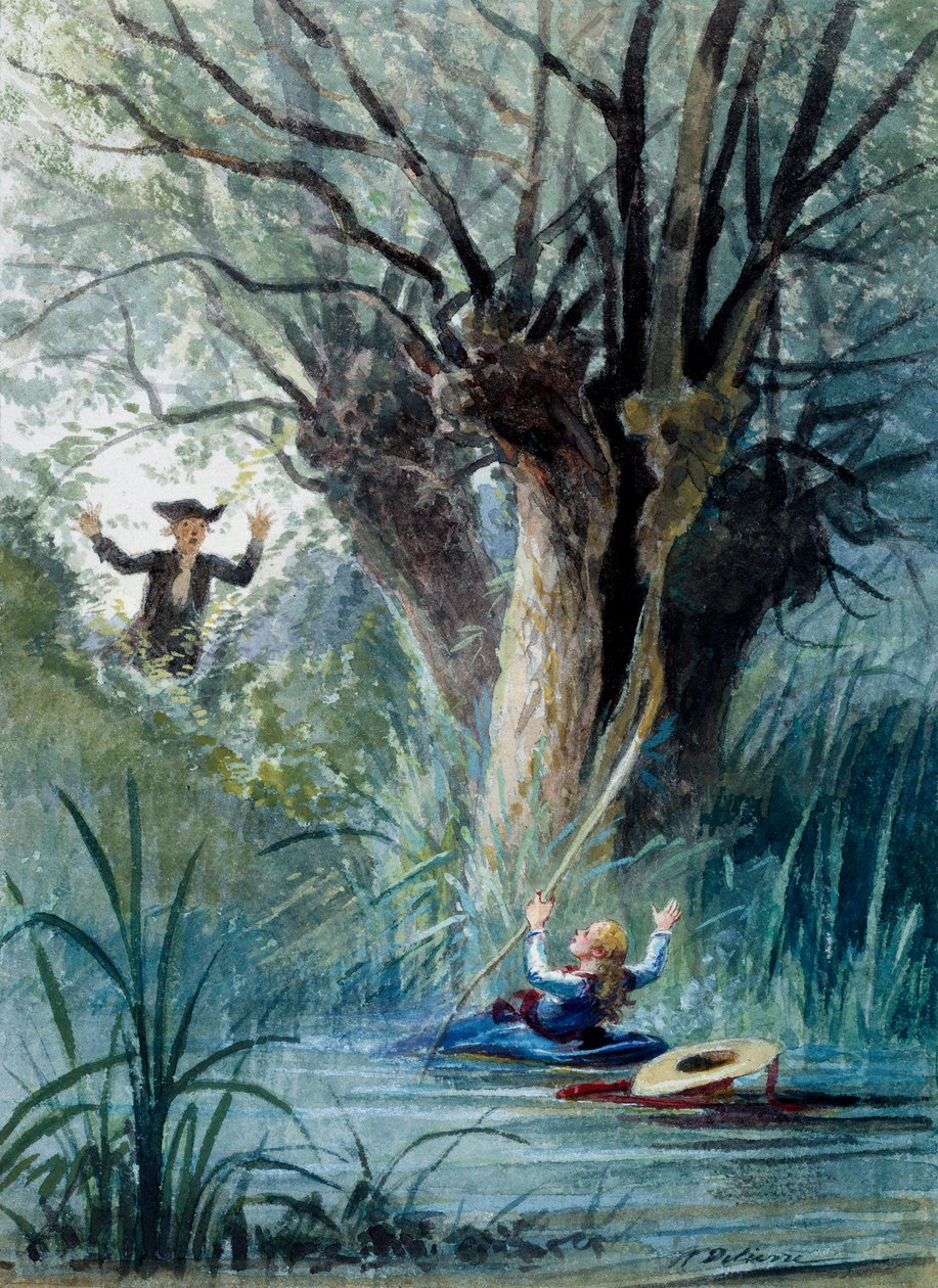 Kuvitus Jean de La Fontainen tarinasta "Lapsi ja koulun opettaja". Akvarelli Auguste Delierre (1829-n. 1890) tekijältä Auguste Delierre