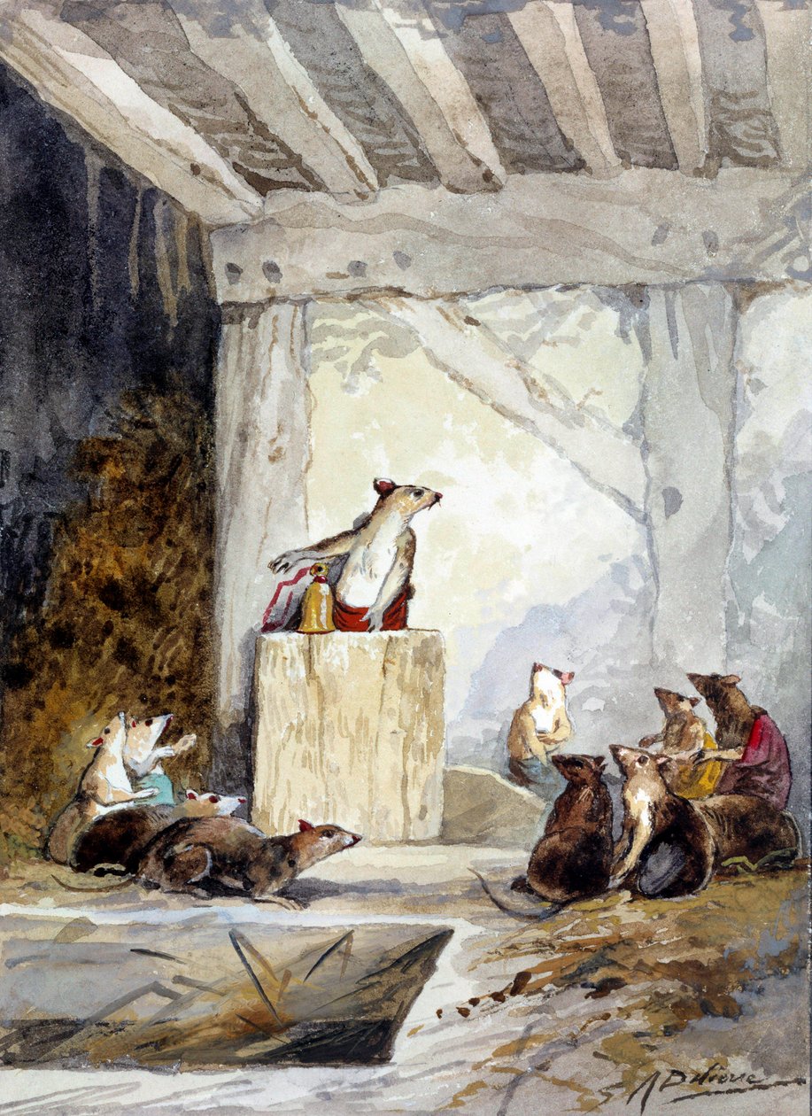 Kuva Jean de La Fontainen sadusta "Rottien pitämä neuvosto". Akvarelli Auguste Delierre (1829-n. 1890) tekijältä Auguste Delierre