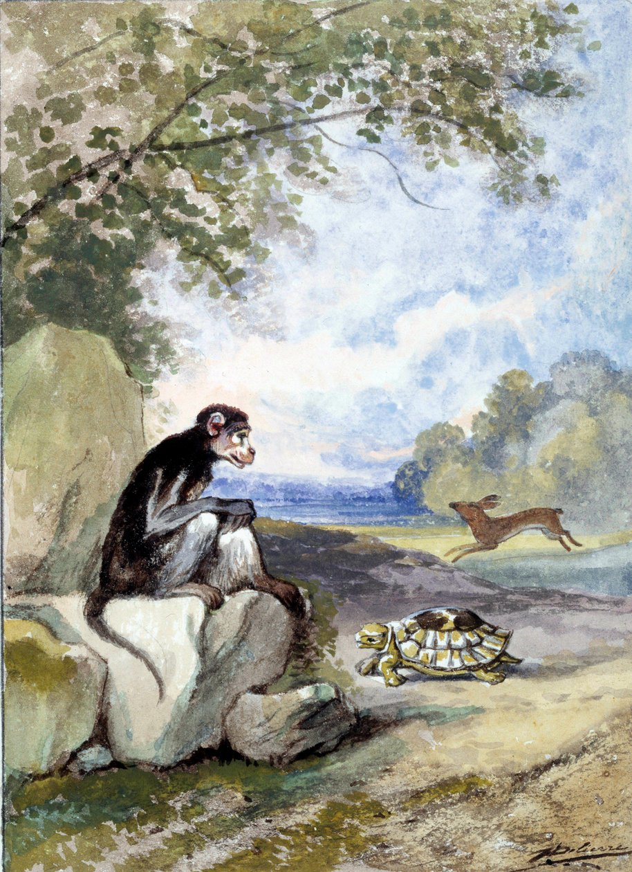 Kuva Jean de La Fontainen tarinasta "Jänis ja kilpikonna". Akvarelli Auguste Delierre (1829-n. 1890) tekijältä Auguste Delierre