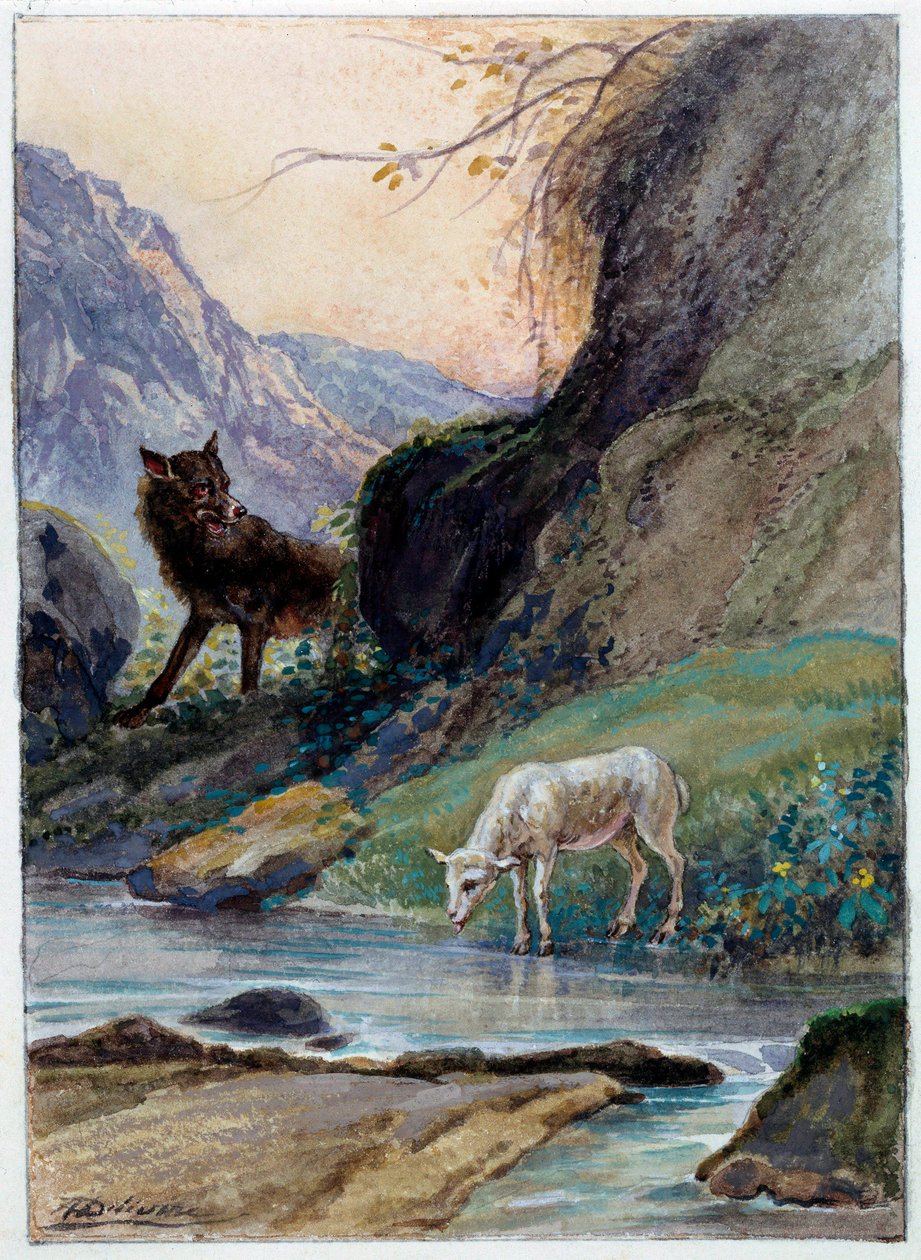 Kuvitus Jean de La Fontainen sadusta "Susi ja lammas". Akvarelli Auguste Delierre (1829-n. 1890) tekijältä Auguste Delierre