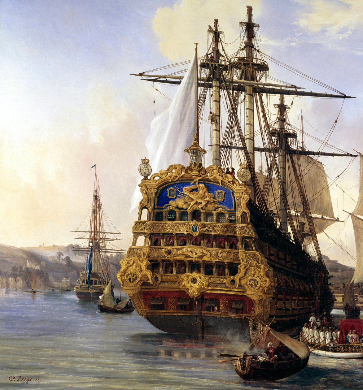 Laiva "le foudroyant" Brestin satamassa vuonna 1724"" Yksityiskohta. Auguste Mayerin (1805-1890) maalaus 1724 Brest, Kuvataidemuseo - Laiva "" Le Foudroyant""" Brestin satamassa tekijältä Auguste Etienne Francois Mayer