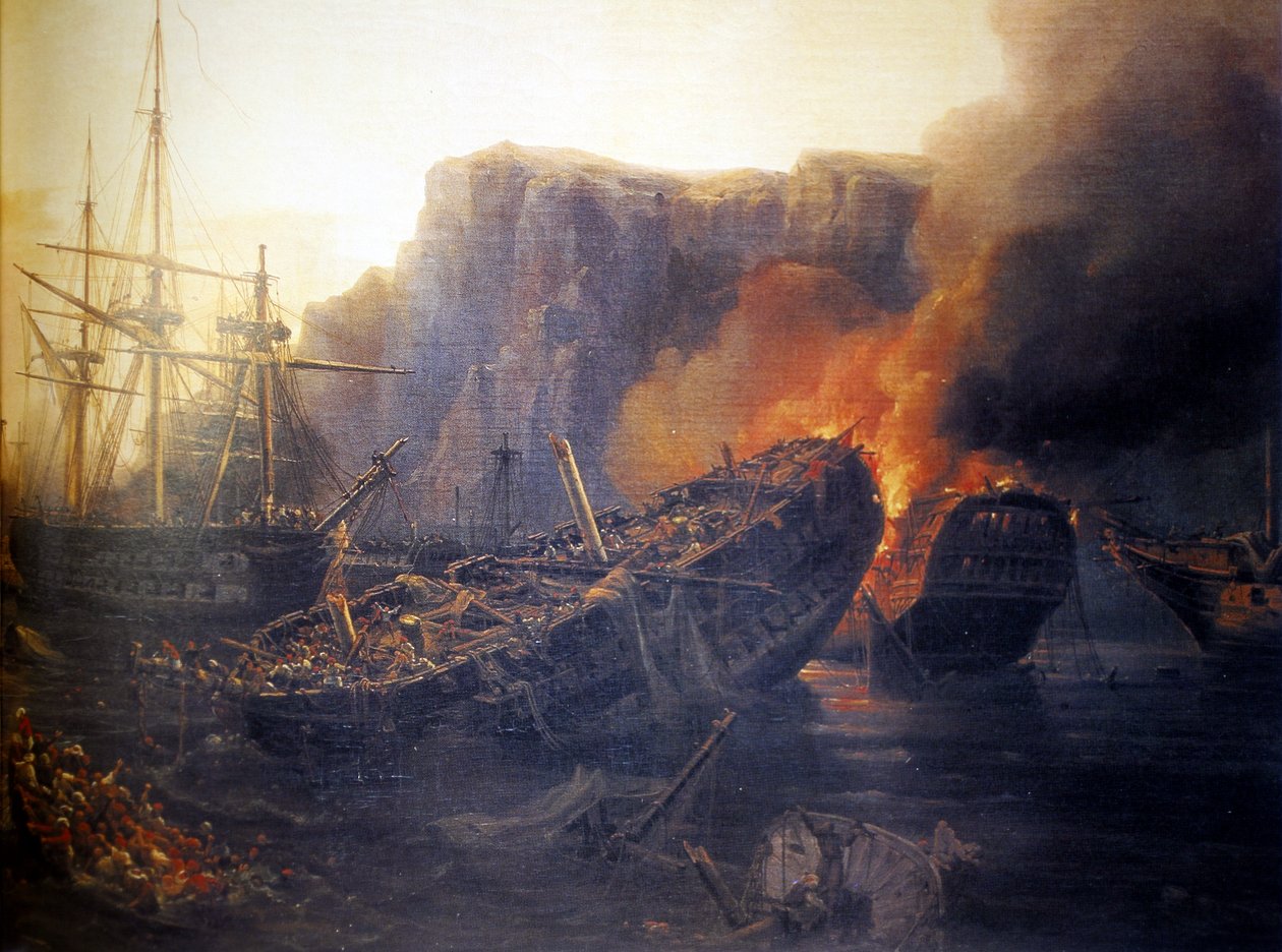 Ranskalainen:  Navarinon taistelun ilta, 1827 Evening of the Battle of Navarino tekijältä Auguste Etienne Francois Mayer
